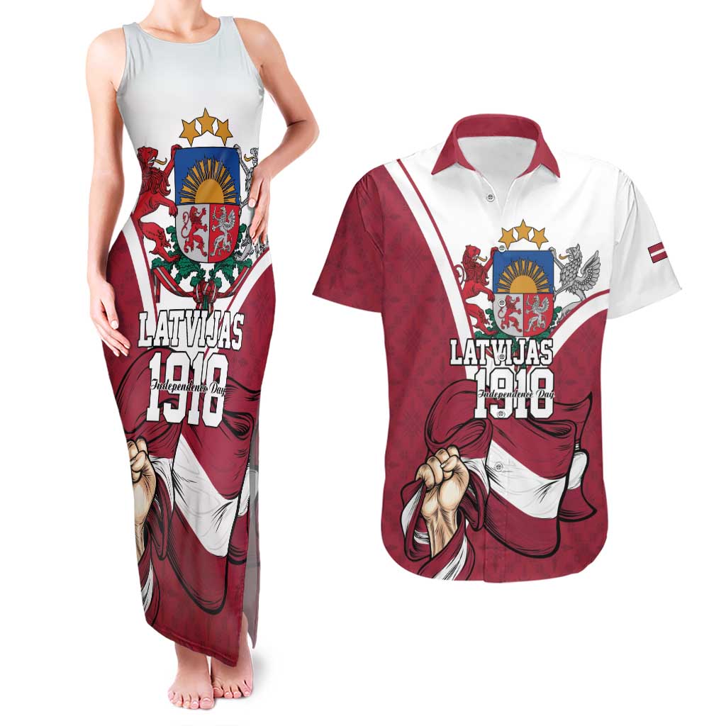 Personalized Latvia Independence Day Couples Matching Tank Maxi Dress and Hawaiian Shirt 18th November 1918 - Wonder Print Shop