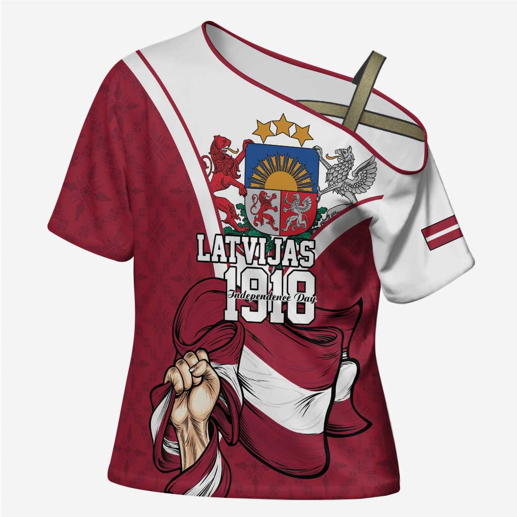 Personalized Latvia Independence Day Cross Shoulder Shirt 18th November 1918 - Wonder Print Shop