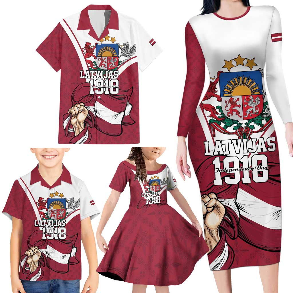 Personalized Latvia Independence Day Family Matching Long Sleeve Bodycon Dress and Hawaiian Shirt 18th November 1918 - Wonder Print Shop