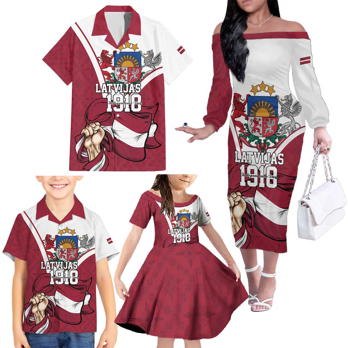 Personalized Latvia Independence Day Family Matching Off The Shoulder Long Sleeve Dress and Hawaiian Shirt 18th November 1918 - Wonder Print Shop