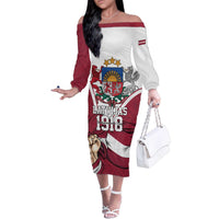 Personalized Latvia Independence Day Family Matching Off The Shoulder Long Sleeve Dress and Hawaiian Shirt 18th November 1918 - Wonder Print Shop