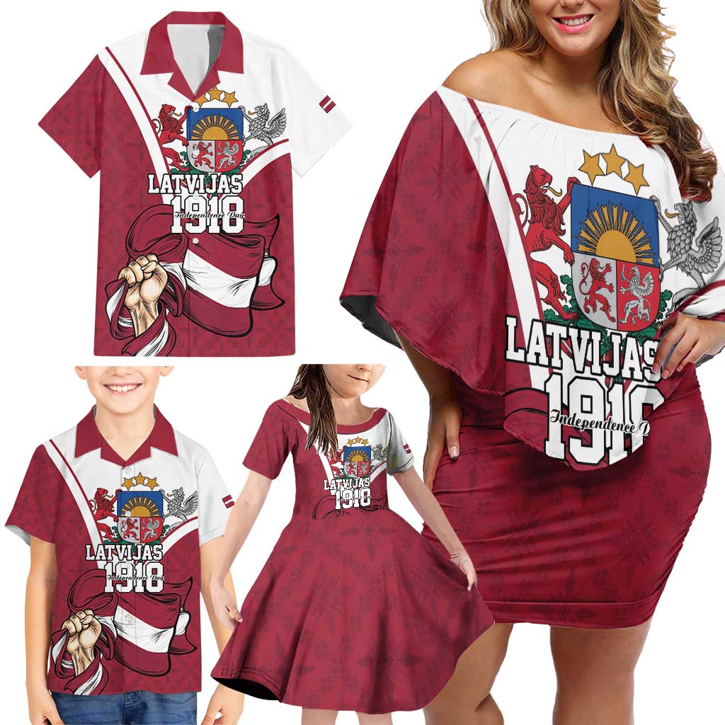 Personalized Latvia Independence Day Family Matching Off Shoulder Short Dress and Hawaiian Shirt 18th November 1918 - Wonder Print Shop