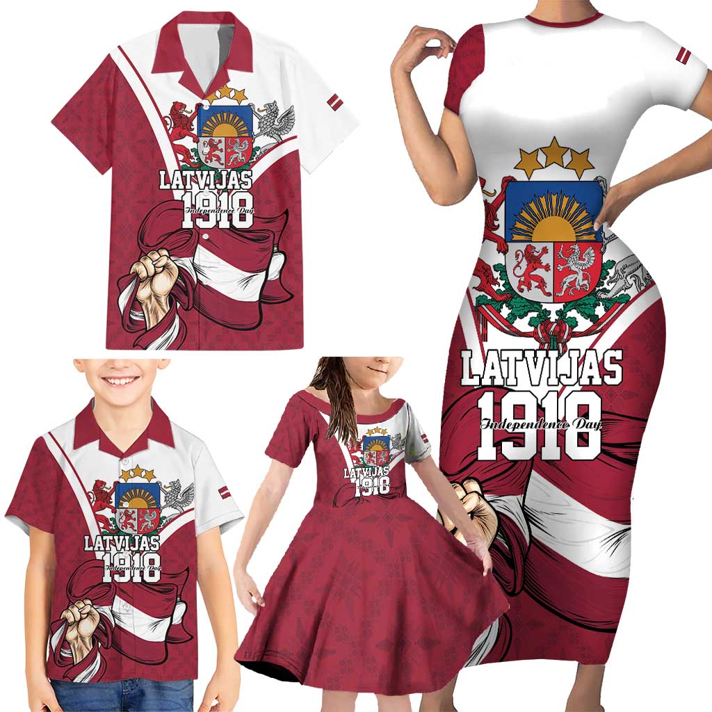 Personalized Latvia Independence Day Family Matching Short Sleeve Bodycon Dress and Hawaiian Shirt 18th November 1918 - Wonder Print Shop