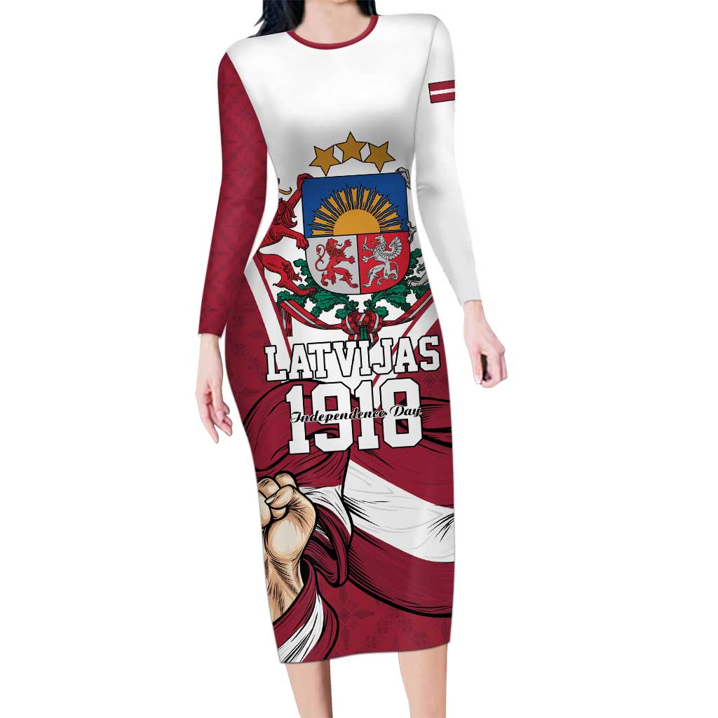Personalized Latvia Independence Day Long Sleeve Bodycon Dress 18th November 1918 - Wonder Print Shop