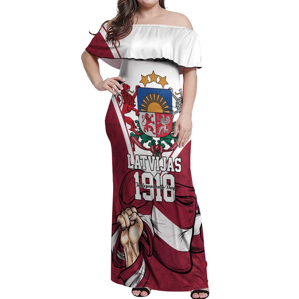 Personalized Latvia Independence Day Off Shoulder Maxi Dress 18th November 1918 - Wonder Print Shop