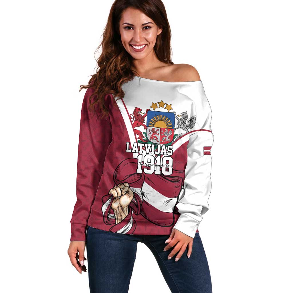 Personalized Latvia Independence Day Off Shoulder Sweater 18th November 1918 - Wonder Print Shop