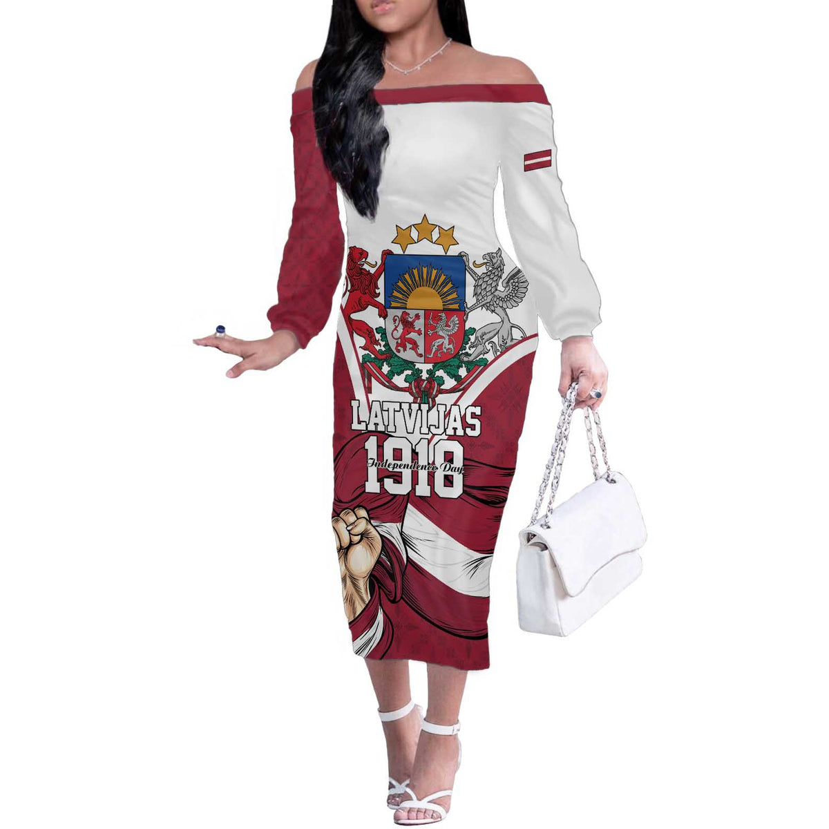 Personalized Latvia Independence Day Off The Shoulder Long Sleeve Dress 18th November 1918 - Wonder Print Shop