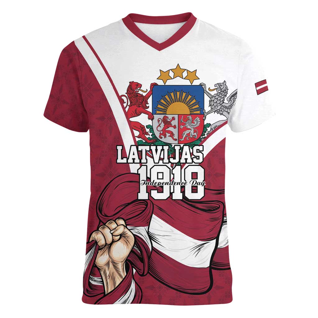 Personalized Latvia Independence Day Women V-Neck T-Shirt 18th November 1918 - Wonder Print Shop