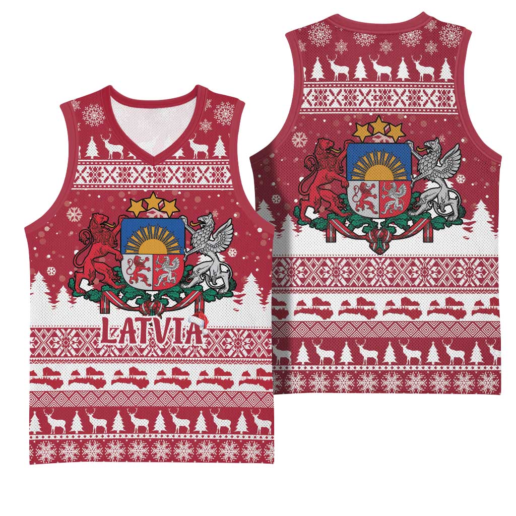 Latvia Christmas Basketball Jersey Priecigus Ziemassvetkus - Wonder Print Shop