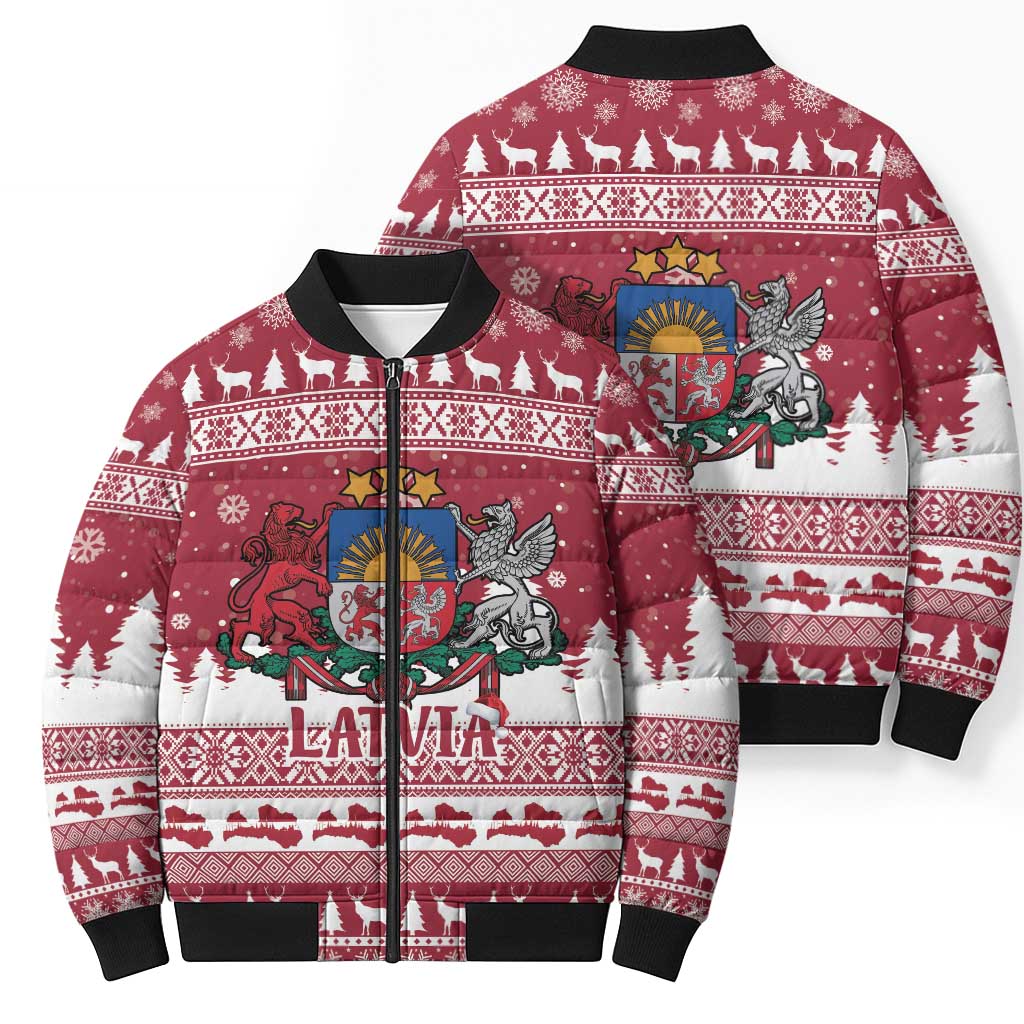 Latvia Christmas Bomber Puffer Jacket Priecigus Ziemassvetkus - Wonder Print Shop