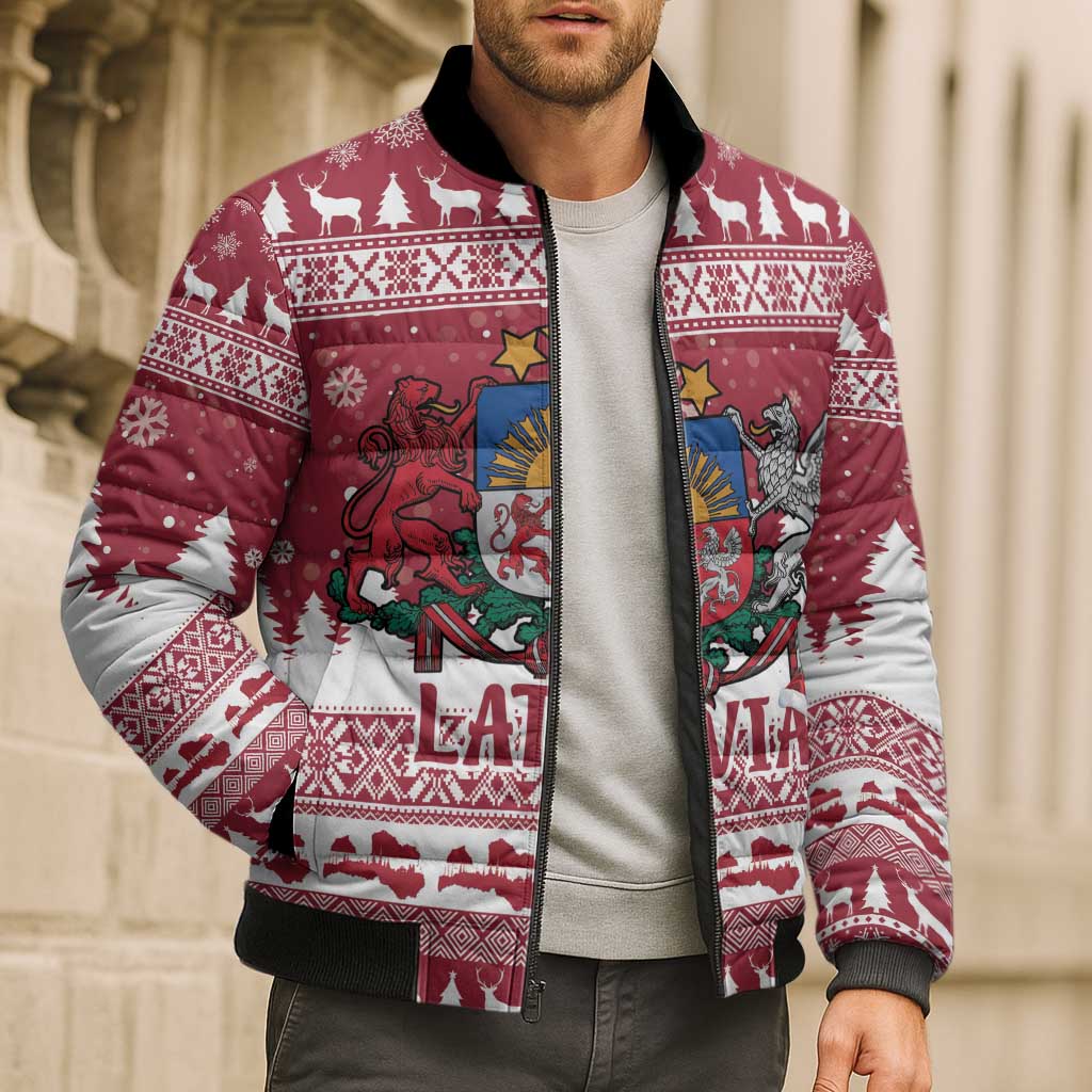 Latvia Christmas Bomber Puffer Jacket Priecigus Ziemassvetkus - Wonder Print Shop