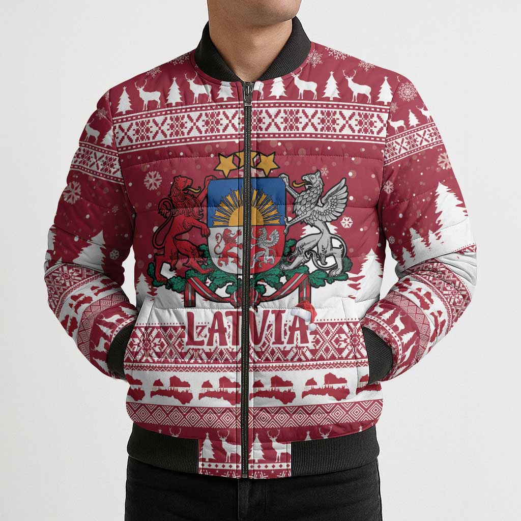 Latvia Christmas Bomber Puffer Jacket Priecigus Ziemassvetkus - Wonder Print Shop