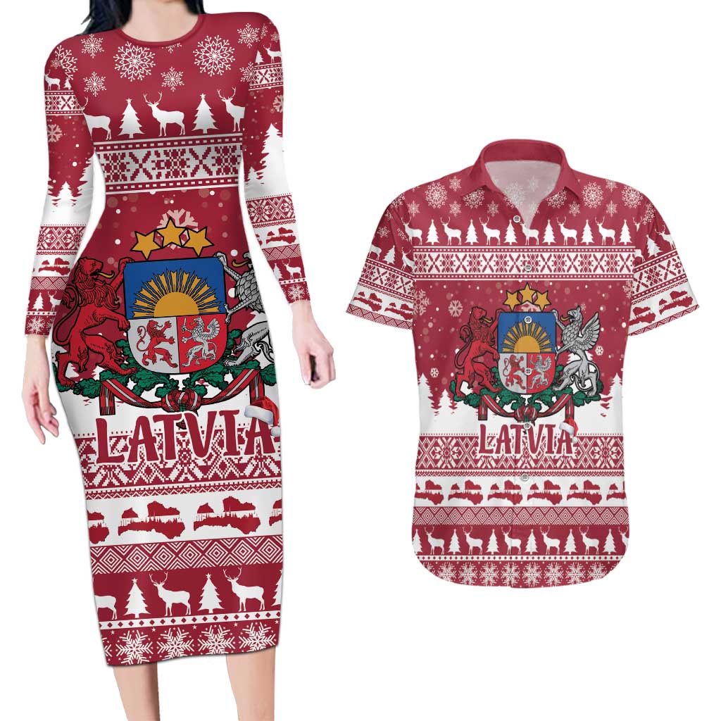 Latvia Christmas Couples Matching Long Sleeve Bodycon Dress and Hawaiian Shirt Priecigus Ziemassvetkus - Wonder Print Shop