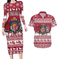 Latvia Christmas Couples Matching Long Sleeve Bodycon Dress and Hawaiian Shirt Priecigus Ziemassvetkus - Wonder Print Shop