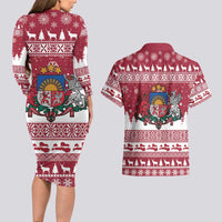 Latvia Christmas Couples Matching Long Sleeve Bodycon Dress and Hawaiian Shirt Priecigus Ziemassvetkus - Wonder Print Shop
