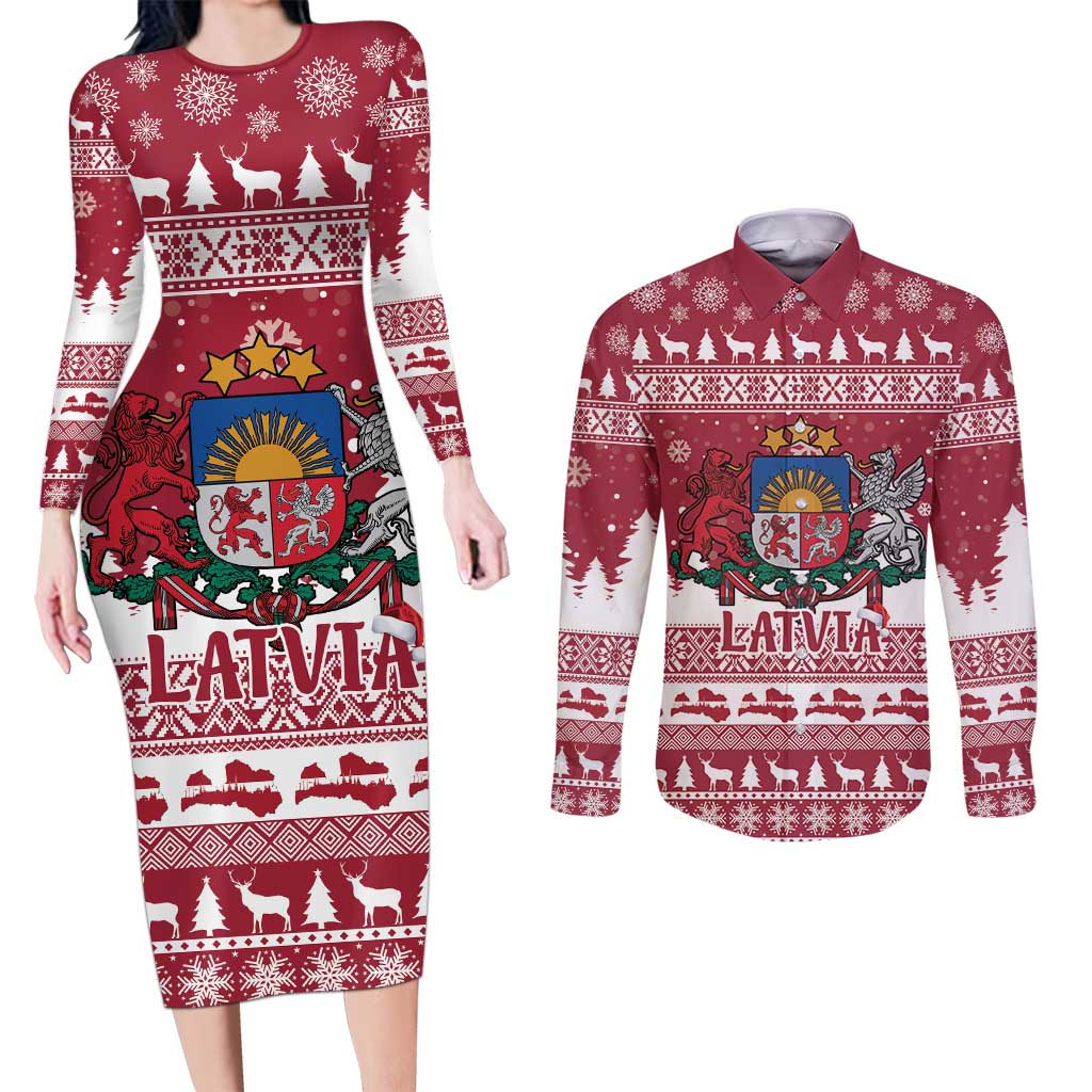 Latvia Christmas Couples Matching Long Sleeve Bodycon Dress and Long Sleeve Button Shirt Priecigus Ziemassvetkus - Wonder Print Shop