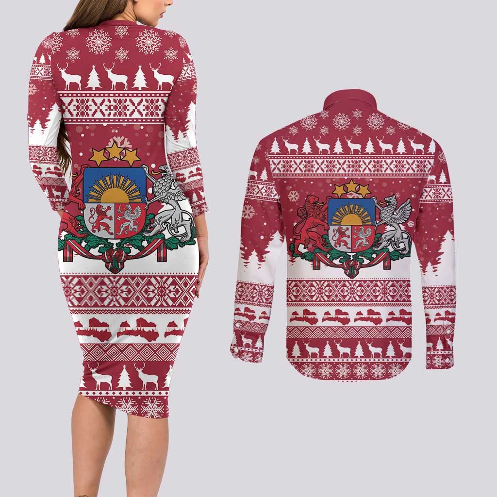 Latvia Christmas Couples Matching Long Sleeve Bodycon Dress and Long Sleeve Button Shirt Priecigus Ziemassvetkus - Wonder Print Shop