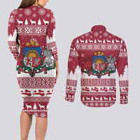 Latvia Christmas Couples Matching Long Sleeve Bodycon Dress and Long Sleeve Button Shirt Priecigus Ziemassvetkus - Wonder Print Shop