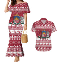 Latvia Christmas Couples Matching Mermaid Dress and Hawaiian Shirt Priecigus Ziemassvetkus - Wonder Print Shop