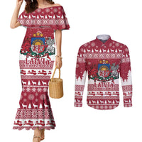 Latvia Christmas Couples Matching Mermaid Dress and Long Sleeve Button Shirt Priecigus Ziemassvetkus - Wonder Print Shop