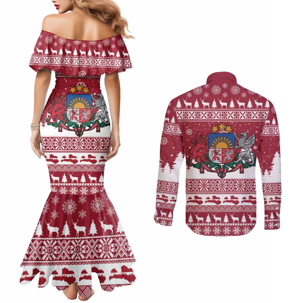Latvia Christmas Couples Matching Mermaid Dress and Long Sleeve Button Shirt Priecigus Ziemassvetkus - Wonder Print Shop
