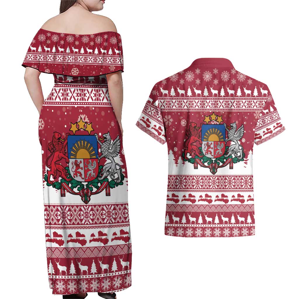 Latvia Christmas Couples Matching Off Shoulder Maxi Dress and Hawaiian Shirt Priecigus Ziemassvetkus - Wonder Print Shop