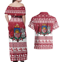 Latvia Christmas Couples Matching Off Shoulder Maxi Dress and Hawaiian Shirt Priecigus Ziemassvetkus - Wonder Print Shop