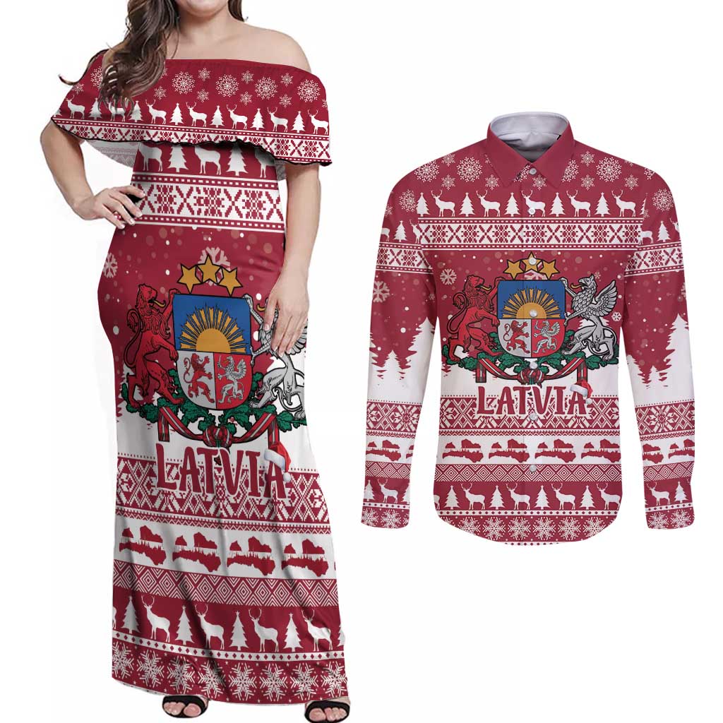 Latvia Christmas Couples Matching Off Shoulder Maxi Dress and Long Sleeve Button Shirt Priecigus Ziemassvetkus - Wonder Print Shop