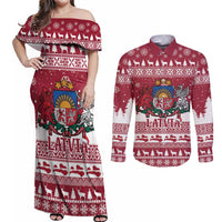 Latvia Christmas Couples Matching Off Shoulder Maxi Dress and Long Sleeve Button Shirt Priecigus Ziemassvetkus - Wonder Print Shop