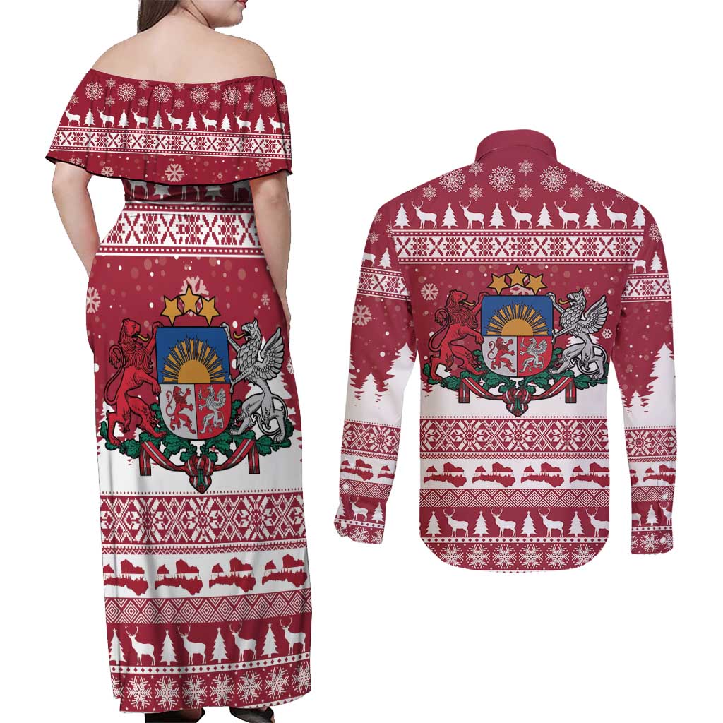Latvia Christmas Couples Matching Off Shoulder Maxi Dress and Long Sleeve Button Shirt Priecigus Ziemassvetkus - Wonder Print Shop