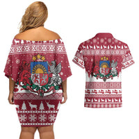 Latvia Christmas Couples Matching Off Shoulder Short Dress and Hawaiian Shirt Priecigus Ziemassvetkus - Wonder Print Shop
