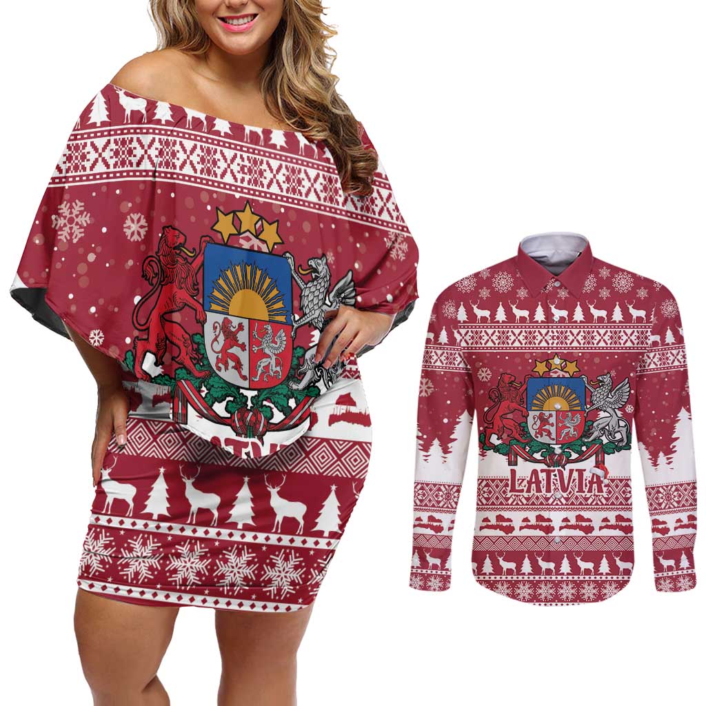 Latvia Christmas Couples Matching Off Shoulder Short Dress and Long Sleeve Button Shirt Priecigus Ziemassvetkus - Wonder Print Shop