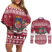 Latvia Christmas Couples Matching Off Shoulder Short Dress and Long Sleeve Button Shirt Priecigus Ziemassvetkus - Wonder Print Shop