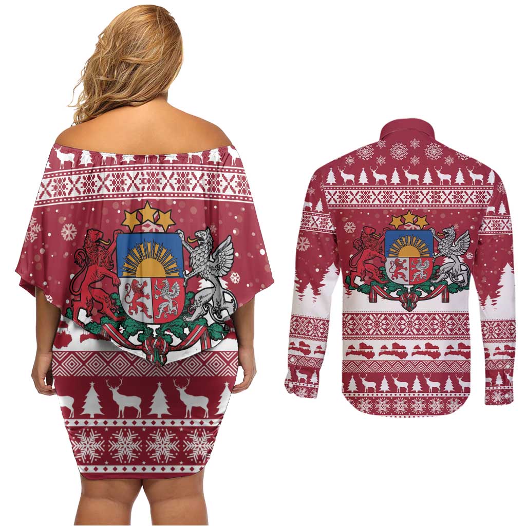 Latvia Christmas Couples Matching Off Shoulder Short Dress and Long Sleeve Button Shirt Priecigus Ziemassvetkus - Wonder Print Shop