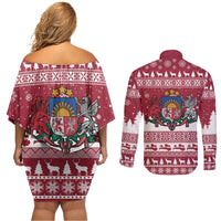 Latvia Christmas Couples Matching Off Shoulder Short Dress and Long Sleeve Button Shirt Priecigus Ziemassvetkus - Wonder Print Shop