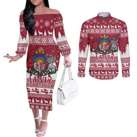 Latvia Christmas Couples Matching Off The Shoulder Long Sleeve Dress and Long Sleeve Button Shirt Priecigus Ziemassvetkus - Wonder Print Shop