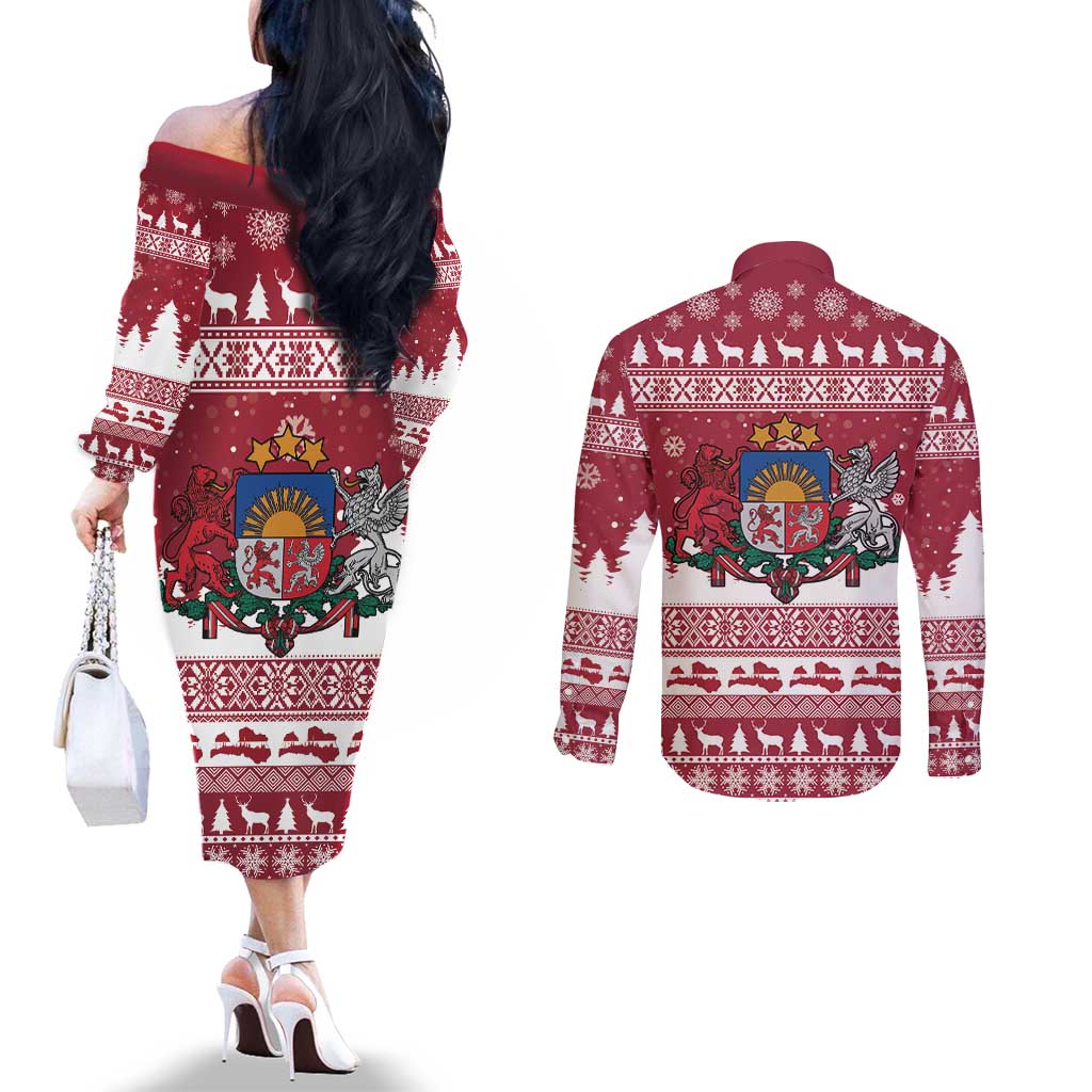 Latvia Christmas Couples Matching Off The Shoulder Long Sleeve Dress and Long Sleeve Button Shirt Priecigus Ziemassvetkus - Wonder Print Shop