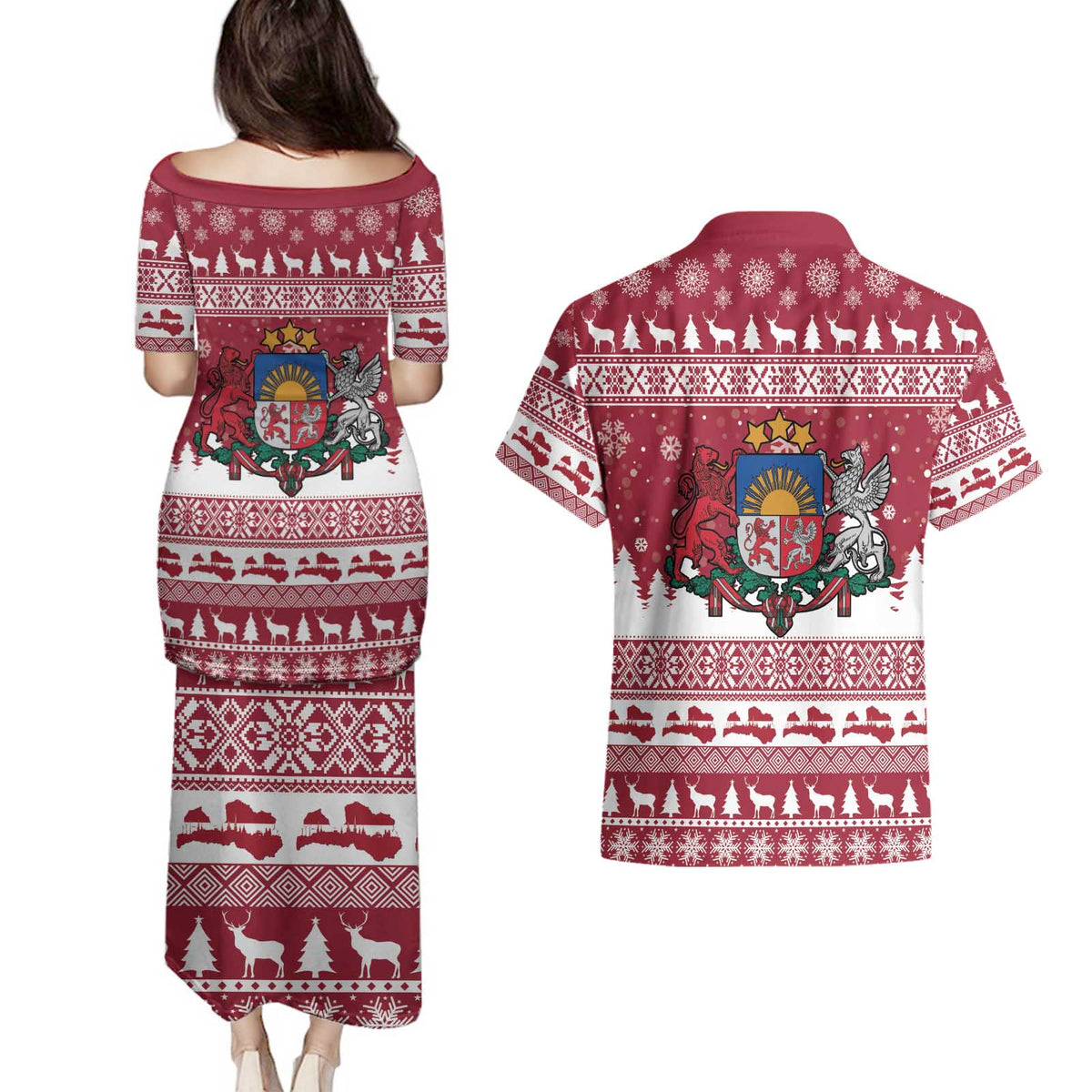 Latvia Christmas Couples Matching Puletasi and Hawaiian Shirt Priecigus Ziemassvetkus - Wonder Print Shop