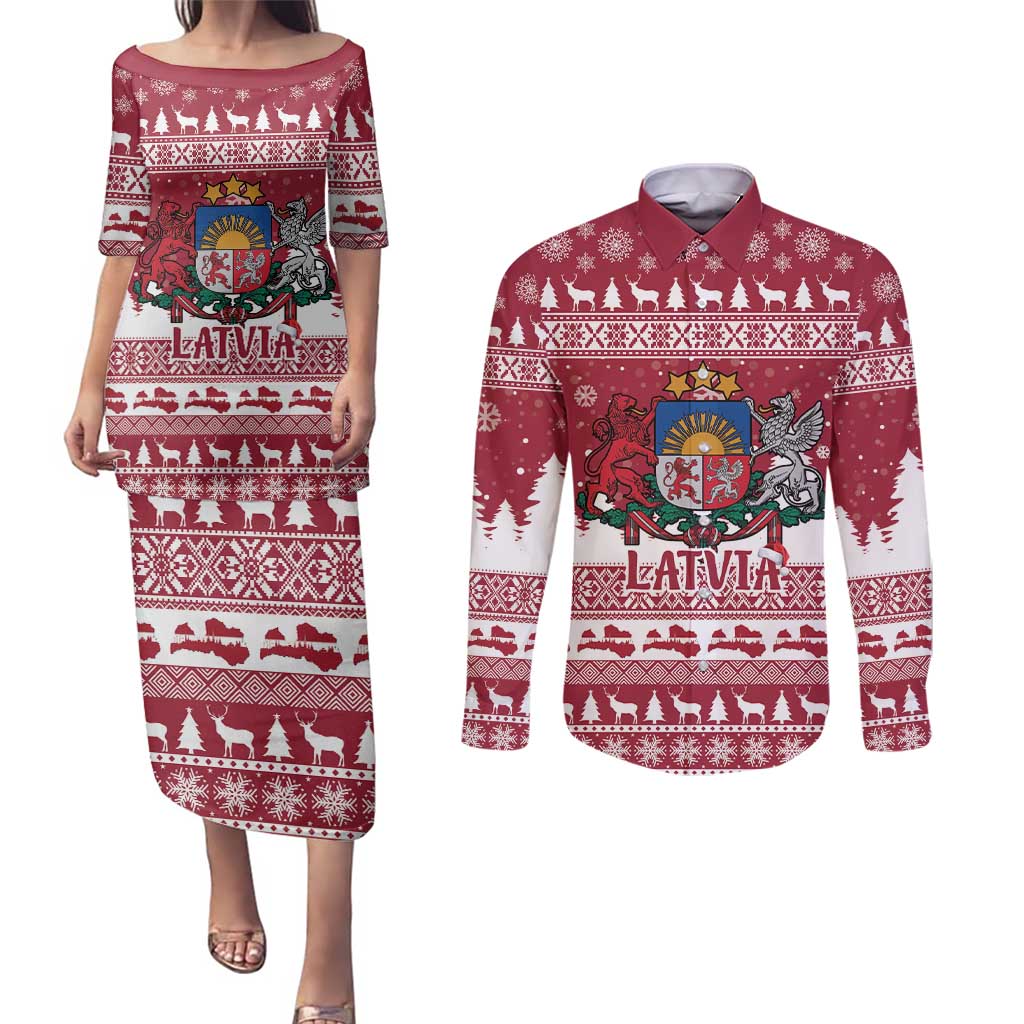 Latvia Christmas Couples Matching Puletasi and Long Sleeve Button Shirt Priecigus Ziemassvetkus - Wonder Print Shop