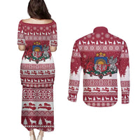 Latvia Christmas Couples Matching Puletasi and Long Sleeve Button Shirt Priecigus Ziemassvetkus - Wonder Print Shop