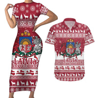 Latvia Christmas Couples Matching Short Sleeve Bodycon Dress and Hawaiian Shirt Priecigus Ziemassvetkus - Wonder Print Shop