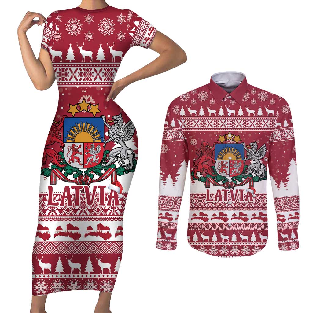 Latvia Christmas Couples Matching Short Sleeve Bodycon Dress and Long Sleeve Button Shirt Priecigus Ziemassvetkus - Wonder Print Shop