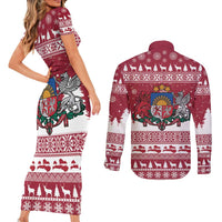 Latvia Christmas Couples Matching Short Sleeve Bodycon Dress and Long Sleeve Button Shirt Priecigus Ziemassvetkus - Wonder Print Shop