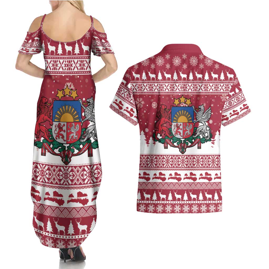 Latvia Christmas Couples Matching Summer Maxi Dress and Hawaiian Shirt Priecigus Ziemassvetkus - Wonder Print Shop