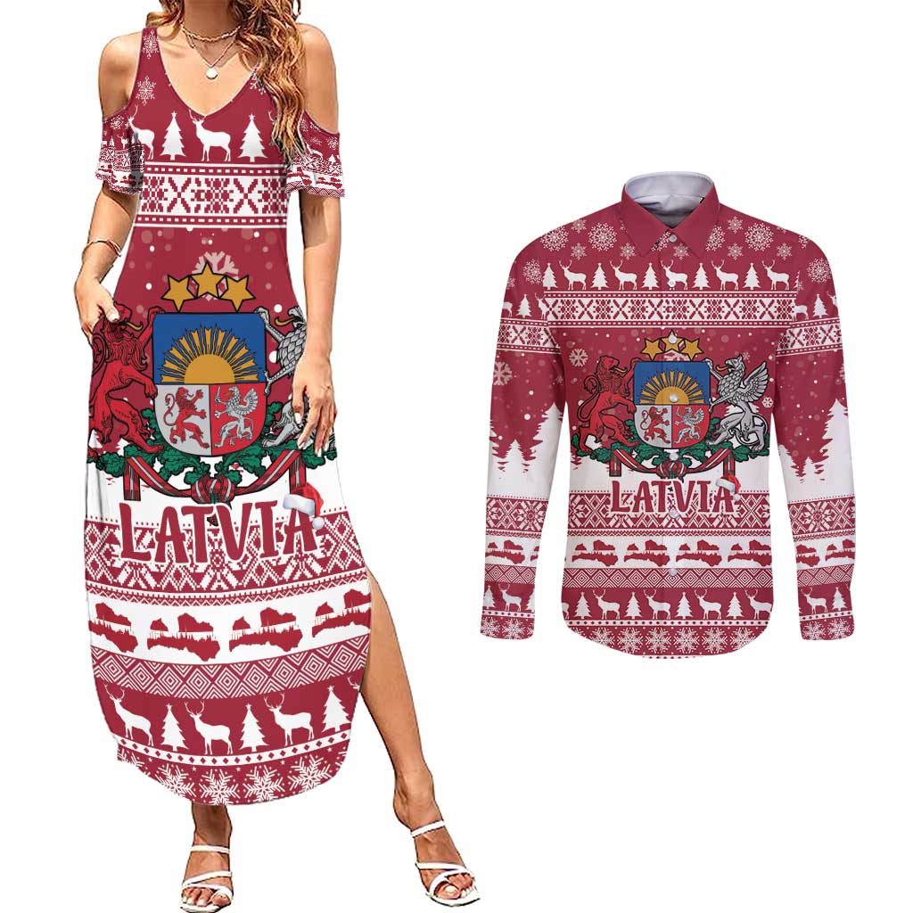 Latvia Christmas Couples Matching Summer Maxi Dress and Long Sleeve Button Shirt Priecigus Ziemassvetkus - Wonder Print Shop
