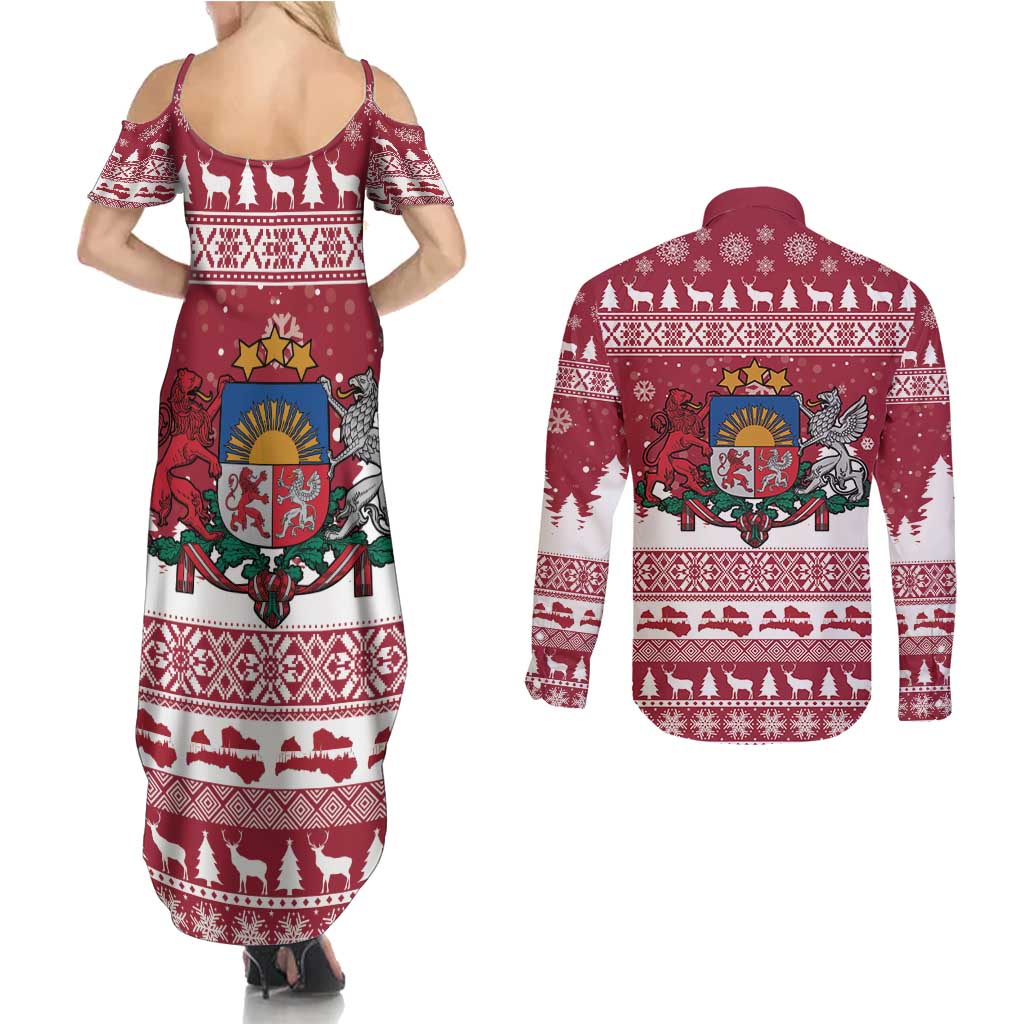 Latvia Christmas Couples Matching Summer Maxi Dress and Long Sleeve Button Shirt Priecigus Ziemassvetkus - Wonder Print Shop