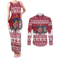 Latvia Christmas Couples Matching Tank Maxi Dress and Long Sleeve Button Shirt Priecigus Ziemassvetkus - Wonder Print Shop