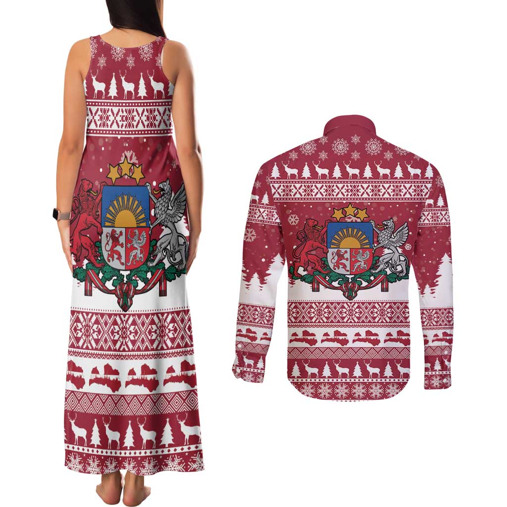 Latvia Christmas Couples Matching Tank Maxi Dress and Long Sleeve Button Shirt Priecigus Ziemassvetkus - Wonder Print Shop