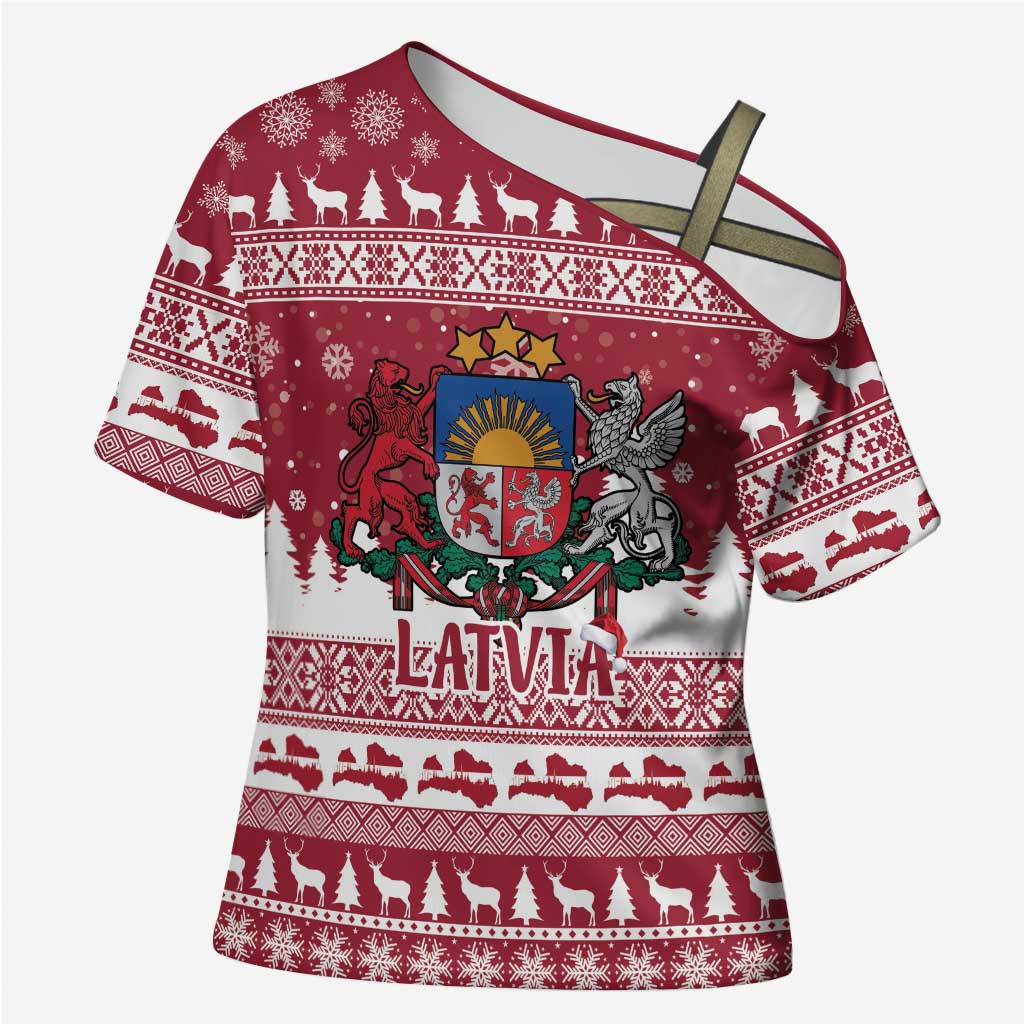 Latvia Christmas Cross Shoulder Shirt Priecigus Ziemassvetkus - Wonder Print Shop