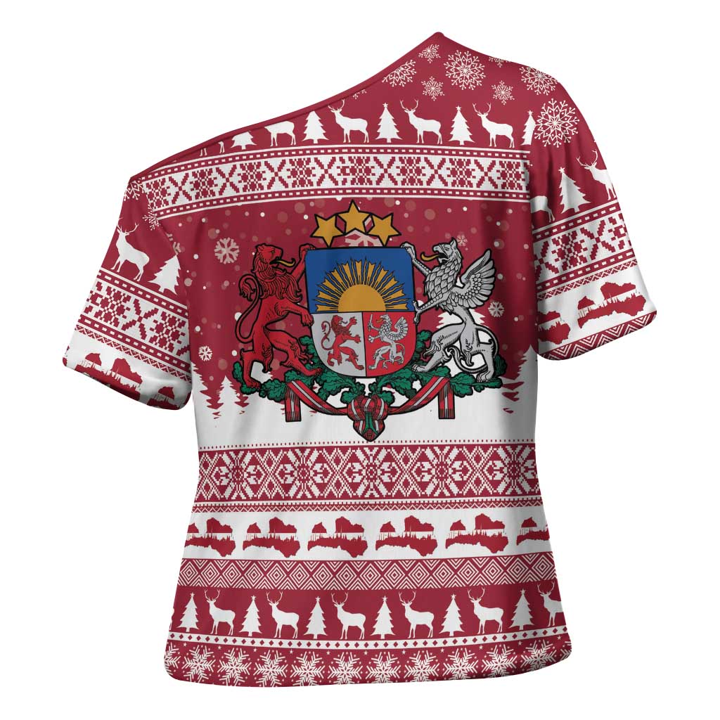 Latvia Christmas Cross Shoulder Shirt Priecigus Ziemassvetkus - Wonder Print Shop